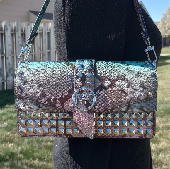 Michael Kors Greenwich Ombre Ocean Blue Studded Snakeskin Leather Shoulder Bag